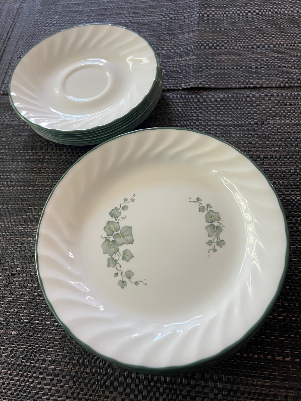 Corelle dessert plates (7) and tea cup plates (7)ivy design